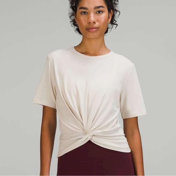 lululemon athletica Tops - Lululemon Crescent T-Shirt Ivory Gold Sparkly Metallic Front Knot